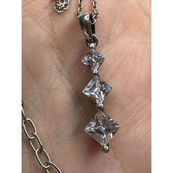 Sterling Silver Necklace Pendant CZ Three Square Faceted Drop 18-21" - Picture 3 of 12